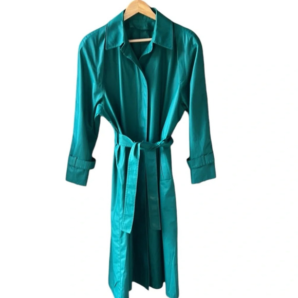 London Fog Vintage Union Made 12 Petite Teal Trench Coat Longline Waist Tie - Picture 1 of 12